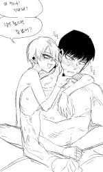 2boys androgynous bishounen blush eyeliner greyscale high_school_boy highres hong_iltak hug hug_from_behind korean_commentary korean_text lee_hyunwoo makeup male_focus monochrome multiple_boys parkgee red_eyeliner sanpaku short_hair simple_background size_difference smile spot_color sweat white_background yaoi