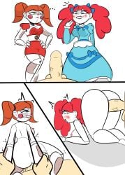 1boy 2girls animatronic animatronic_female baby_(fnafsl) blue_dress blue_eyes blush boy_saltiest breasts circus_baby circus_baby_(fnaf) clenched_teeth clown clown_girl doll dress drooling female five_nights_at_freddy's five_nights_at_freddy's:_sister_location fnaf freckles freckles_on_breasts freckles_on_ears freckles_on_face green_eyes lipstick male naked naked_female nipples nude nude_female on_all_fours open_mouth orange_hair penetration penis penis_in_ass penis_in_pussy poppy_(poppy_playtime) poppy_playtime pussy red_hair red_lipstick rosy_cheeks sex skirt smile smiling straight twintails vagina vaginal vaginal_insertion vaginal_penetration
