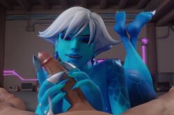 1boy 1girls 3d blizzard_entertainment blue_skin cum erection female greese handjob latina male overwatch penis rime_sombra sombra white_hair