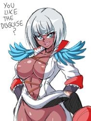 1boy 1girls areola_slip areolae belly big_breasts blue_eyes bottomless breasts capcom cleavage clothed dante_(devil_may_cry) dark-skinned_female dark_skin devil_may_cry devil_may_cry_4 disguise dress dress_lift feather_trim female fingerless_gloves gloria_(devil_may_cry) gloves highres holding holding_hands human large_breasts lewdamone looking_at_viewer male_pov marvel_vs._capcom navel no_panties out-of-frame_censoring partially_clothed partially_nude partially_visible_nipples pov short_hair silver_hair sketch smile solo standing talking_to_viewer text trish_(devil_may_cry) white_background white_hair wide_hips