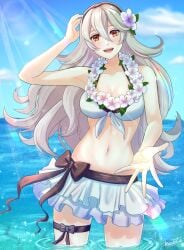 1girls alluring bare_legs beach big_breasts bikini cleavage corrin_(fire_emblem) corrin_(fire_emblem)_(female) female fire_emblem fire_emblem_warriors intelligent_systems kousetu0506 magenta_eyes nintendo ocean pin_up silver_hair