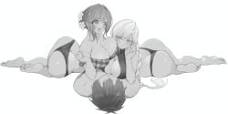 100_kanojo 1boy 2girls aijou_rentarou athletic athletic_male blush boob_window braided_ponytail cute eiai_nano female fighting_over_boy flower_in_hair frilled_bikini hanazono_hakari hornfelstone huge_ass huge_breasts kimi_no_koto_ga_dai_dai_dai_dai_daisuki_na_100-nin_no_kanojo large_ass large_breasts large_thighs long_hair lying_on_back male mole mole_on_ass monochrome multiple_girls on_side shirtless_male slim_waist swimsuit swimwear the_100_girlfriends_who_really_really_really_really_really_love_you two-piece_swimsuit