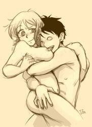 artist_request big_ass big_breasts breast_lick female licking licking_breast line_art love male monkey_d_luffy nami_(one_piece) one_piece oral sex short_hair smile thick_thighs