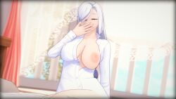 big_areola big_breasts big_breasts breasts breasts breasts_out busty busty_female exposed_breasts female female_focus female_only genshin_impact hoyoverse koikatsu light-skinned_female light_skin nyxxzeiss open_shirt pink_nipples shenhe_(genshin_impact) white_hair yawn