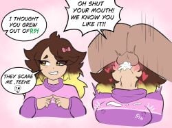 bow cum_on_clothes deepthroat dubious_consent hearts hearts_around_head kofinisu nipples_visible_through_clothing shy_smile slurmp6 tagme text_bubble turtleneck two_tone_hair youtuber