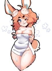 1female almost_naked almost_nude aurora_(league_of_legends) big_breasts blue_eyes breasts bunny_ears bunny_tail cute female female_only glasses glasses_on_head orange_hair slpydream thighs towel towel_only wet wet_body wink winking_at_viewer