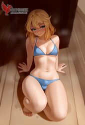 1boy 2d ai_generated ass bangs barefeet big_ass bikini blonde_hair bulge erection erection_under_clothes erophoenix feet full_body green_eyes looking_at_viewer looking_back male male_focus navel nude otoko_no_ko pale_skinned_male patreon_username penis sitting smile soles solo solo_male sweat swimsuit thick thick_thighs toes uncensored