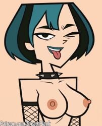 breasts cartoon_network dreamplank gwen_(tdi) nipples simple_background spiked_collar tongue_out total_drama_island upper_body wink