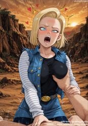 1boy ai_female ai_generated android_18 bangs belt black_shirt blonde_hair blue_eyes blue_shirt blue_sky blush breast_grab breasts clothed_female clothed_female_nude_male clothed_sex clothing cloud cowgirl_position day denim denim_jacket denim_skirt dragon_ball dragon_ball_z earrings female grabbing grabbing_another's_breast grass groping heart jacket jewelry jousneystudio large_breasts long_sleeves male mountain nipples nude_male on_top open_mouth orange_sky outdoors pantyhose penis rock saliva semen sex shirt short_hair skirt sky solo_focus spread_legs straddling straight striped_sleeves sun sunset sweat teeth text thighs tongue torn_clothes vaginal_penetration vest