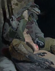 animal_genitalia anthro anus atlchirico barefoot becoming_erect bodily_fluids bottomwear claws clothed clothing feet fingering genital_fluids genital_slit genitals gun hat headgear headwear hi_res holding_gun holding_object holding_ranged_weapon holding_rifle holding_weapon lizard male military military_uniform open_bottomwear open_clothing open_mouth open_pants open_shirt open_topwear painterly pants partially_clothed penis penis_tip plump_slit precum presenting_slit pupils ranged_weapon reptile rifle scalie shirt sitting slit_fingering slit_masturbation slit_pupils soldier solo spread_legs spreading tail tail_anus topwear uniform warrior weapon