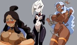 allura angel avatar_the_last_airbender big_breasts breasts commission dark_skin doodle hazbin_hotel inker_comics inkershike katara lute_(hazbin_hotel) pussy reverse_bunnysuit swimsuit swimsuit_removed thick_pubes titjob vagina voltron white_body