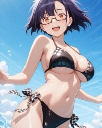 2025 ai_generated beach belly black_bikini black_eyebrows black_glasses glasses_on_face instagram meta not_porn open_mouth orange_eyes ore_wa_seikan_kokka_no_akutoku_ryoushu pekoillust pink_cheeks purple_hair_female tummy unknown_character wearing_glasses wet_bikini wet_body wet_skin