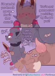 absurd_res animal_genitalia animal_penis anus ass balls blush bodily_fluids canine_genitalia canine_penis comic cowgirl_position duo eevee english_text female feral feral_on_feral from_front_position generation_1_pokemon generation_5_pokemon genitals heart_symbol hi_res knot knotted_penis male male/female nintendo on_bottom on_top penetration penis pokemon pokemon_(species) porldraws pussy sex sheath simple_background sweat sweatdrop tail tail_motion tailwag text zorua
