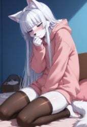 ai_generated anthro balls breasts femboy flat_chest fur furry furry_femboy furry_male hime_cut hoodie kifurry1 long_hair male male_only on_bed penis sitting skinny small_breasts small_penis stockings testicles white_body white_fur white_hair wolf_ears wolf_humanoid wolf_tail