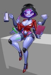 1girls anthro arthropod_girl bespectacled black_bra black_hair bra breasts cleavage clothing colored_skin cup drink extra_arms extra_eyes eyewear fangs female fewer_digits footwear glasses gradient_hair high_heels holding holding_cup holding_object jacket joints large_breasts looking_at_viewer minus8 monster_girl muffet mug multicolored_hair notepad pen pencil_skirt purple_eyes purple_hair red-framed_eyewear red_jacket red_shirt robot robot_girl semi-rimless_eyewear shoes short_hair sitting smile solo spider_girl teacup teapot thighs under-rim_eyewear undertale underwear
