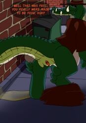 after_vore bone bones_in_scat crocodilian dialogue disposal equid equine excessive_feces feces filthivore hi_res hyper hyper_feces hyracotherium kaprosuchus kieron_the_kaprosuchus male mammal public public_exposure reptile scalie scat vore