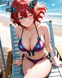 2025 ai_generated beach belly elf_ears elf_female elf_girl flower_in_hair hands_on_chair instagram looking_at_viewer meta mouth_closed orange_cheeks pekoillust purple_bikini red_eyebrows red_hair_female sitting_on_chair smile_at_viewer smiling_at_viewer tummy unknown_character wet_bikini wet_body wet_skin winking_at_viewer wuthering_waves