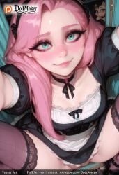 ai_generated apron aqua_eyes black_bow black_choker black_hairband blush bow breasts choker closed_mouth clothes_lift collarbone dollmaker dress enmaided female freckles frills hairband hairbow implied_sex lips long_hair looking_at_viewer maid mole mole_on_thigh no_panties nose_blush pink_hair puffy_short_sleeves ribbon selfie short_sleeves sitting smile solo solo_focus spread_legs sweat tagme taking_picture thigh_strap thighhighs underwear white_apron