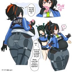 2girls ass big_belly donut duo duo_female duo_focus eating eating_food fat fat_female fat_girl fat_woman female female_focus female_only hoyoverse light-skinned_female light_skin mihoyo mihoyo_technology_(shanghai)_co._ltd. overweight overweight_female qingyi_(zenless_zone_zero) standing thick_thighs thighs weight_gain weight_gain_female wide_hips zenless_zone_zero zhu_yuan