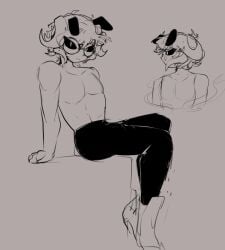 1boy 2024 aschazm black_pants black_sclera chest glasses half-dressed looking_at_viewer looking_away male male_only partially_colored roblox roblox_avatar robloxian round_glasses short_hair sitting sketch solo topless