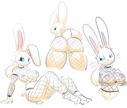 2018 anthro ass big_butt blue_eyes breasts elpatrixf female fishnet fur lagomorph looking_at_viewer mammal nipples ponytail pose presenting presenting_breasts presenting_hindquarters rabbit rear_view simple_background solo white_fur