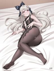 1girls ass ass_focus bare_arms bare_shoulders big_ass big_butt black_outfit black_pantyhose butt butt_focus clothed clothed_female earrings exposed_arms exposed_shoulders eyebags feet_visible_through_clothing female gifu_100 hair_accessory hair_ribbon hi_res highres laying_down laying_on_bed light_gray_hair looking_at_viewer nijisanji nijisanji_en pantyhose purple_eyes reimu_endou round_butt showing_ass showing_off small_breasts smile smiling smiling_at_viewer solo solo_female solo_focus tight_clothing virtual_youtuber white_hair