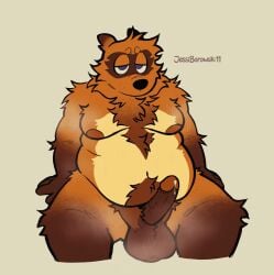 2025 animal_crossing anthro balls belly big_balls big_belly black_nose bodily_fluids brown_body canid canine erection genital_fluids genitals hi_res jessiborowski11 male mammal moobs musk nintendo nipples overweight overweight_male penis precum raccoon_dog simple_background solo tanuki tom_nook_(animal_crossing)