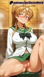 ai-generated ai_generated ass blush breasts busty highres highschool_of_the_dead huge_ass huge_breasts long_hair miyamoto_rei navel nervous_smile no_panties non-web_source pussy pussy_juice pussy_peek school_uniform shawed_pussy skirt smile spread_legs thick_thighs thighs wooden_floor