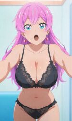 ai_generated ass ass_focus black_bra black_lingerie black_panties blue_eyes blush bra female fuufu_ijou_koibito_miman lingerie lingerie_bra lingerie_only lingerie_panties looking_at_viewer panties pink pink_hair watanabe_akari