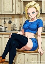 ai_female ai_generated android_18 arm_support bangs black_legwear black_thighhighs blonde_hair blue_eyes blue_shirt blue_skirt blush breasts brown_footwear chair cleavage closed_mouth clothing collarbone counter crop_top cropped_shirt crossed_legs denim dragon_ball dragon_ball_z earrings female female_only footwear indoors jewelry jousneystudio kitchen large_breasts legs legwear lips looking_at_viewer medium_breasts midriff navel shirt shoes short_hair short_shorts short_sleeves shorts sitting skirt smile solo standing stomach thick_thighs thighhighs thighs window