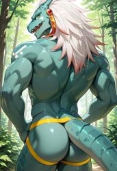 ai_generated ass back biceps blush forest gay goblin_slayer green_skin jockstrap jockstrap_only lizard_priest looking_at_viewer looking_back male male_only muscular muscular_male nude_male scalie smile toned_body toned_male twall97 white_hair yellow_eyes