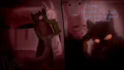 absurd_res anthro arms_tied big_tail blood blood_on_back blood_on_clothing blood_splatter blue_eyes bodily_fluids bottomless bottomwear bound canid canine canis clothed clothing corpse cross cum cum_on_face death dialo dialogue female freezer fur genital_fluids grabbing_hair grey_body grey_fur hands_behind_back hi_res hoodie hoodie_only inverted_cross kneeling lagomorph leporid male mammal manyanz pants pantsless piercing profanity rabbit rope scut_tail shirtless short_tail size_difference spiral_eyes tail text topwear topwear_only white_body white_fur wolf wounded yellow_eyes