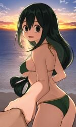 ai_generated beach bikini breasts clothed clouds dim_lighting female female froppy green_bikini green_eyes looking_at_viewer my_hero_academia ocean pixai pov pulling_hand sand sun sunset tsuyu_asui viewer_pov