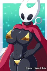1girls anthro arthropod big_breasts bikini black_body black_eyes breasts cameltoe cloak dude_named_bob female gold_bikini hand_on_hip hollow_knight hornet_(hollow_knight) needle tagme team_cherry thick_thighs twitter_username