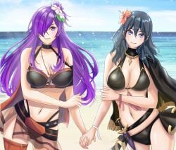 2girls alluring beach big_breasts bikini blue_sky byleth_(fire_emblem) byleth_(fire_emblem)_(female) cleavage female fire_emblem fire_emblem_heroes intelligent_systems kousetu0506 nintendo ocean pin_up purple_eyes purple_hair shez_(fire_emblem) shez_(fire_emblem)_(female) teal_eyes teal_hair