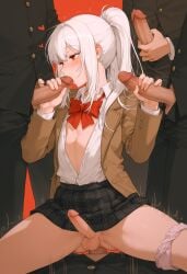 4boys ai_generated anal cowgirl_position double_handjob fellatio femboy gangbang irofox long_hair motion_lines multiple_boys open_clothes original otoko_no_ko panties_around_one_leg ponytail precum red_background red_eyes saliva school_uniform simple_background solo_focus uncensored white_hair