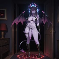 1futa 2025 ai_generated dark_hair door full-package_futanari futanari illustrious_(stable_diffusion) indoors kxy latex latex_gloves looking_at_viewer naked night nude original original_character purple_skin room smirk standing straight_hair succubus succubus_horns succubus_tail succubus_wings upscaled