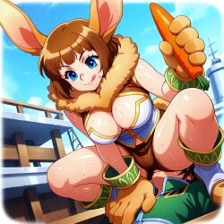 1boy ai_generated animal_ears animal_hands blue_eyes brown_hair bunny_ears bunny_girl carrot chrono_(series) chrono_cross cleavage clothed_sex female from_front holding_object janice_(chrono_cross) large_breasts licking male neck_tuft ship shorts sitting_on_face sitting_on_person squatting sweat tongue_out