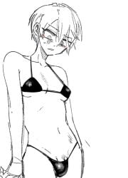 1boy androgynous bikini bishounen blonde_hair blush breasts bulge crossdressing eyeliner greyscale high_school_boy hong_iltak korean_commentary makeup male_only male_with_breasts manboobs monochrome otoko_no_ko parkgee penis penis_peek red_eyeliner red_eyes sanpaku simple_background small_breasts solo spot_color sweatdrop swimsuit white_background