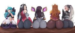 5girls armor ass ass_focus ass_support backboob big_ass black_hair blue_eyes blue_hair blush bodysuit breasts brown_hair bubble_ass bubble_butt clothing diana_(league_of_legends) dress female female_only grey_bodysuit gwen_(league_of_legends) hair hair_ornament hair_ribbon hand_on_ass hands_on_ass headwear heterochromia huge_ass irelia_xan kai'sa kim_somang league_of_legends leona_(league_of_legends) long_hair looking_back looking_to_the_side ponytail purple_eyes ribbon shoulder_pads twin_drills white_hair