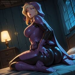 1girls ai_generated ass bodysuit breasts dc dc_comics female hand_on_ass large_breasts sitting stephanie_brown vertiloart wariza wide_hips