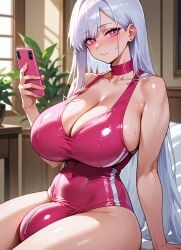 ai_generated big_breasts bulge_through_clothing futanari pink_eyes white_hair