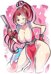 1girls ass big_breasts blush breasts brown_hair cleavage clothed clothing enpe fan fatal_fury female high_ponytail king_of_fighters kunoichi mai_shiranui ninja ponytail sleeveless_dress snk solo