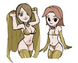 2girls armpits bangs bikini black_eyes breasts brown_cape brown_eyes brown_gloves brown_hair cape choker cleavage closed_mouth clothing collar duo elbow_gloves emotionless female female_only gloves gold_bikini gold_thighhighs gold_thighlet golden_week green_gloves hair_over_one_eye highleg highleg_bikini holding holding_cape holding_towel large_breasts legwear light-skinned_female light_skin looking_at_viewer medium_breasts medium_hair micro_bikini mii mii_gunner mii_gunner_(smash_4) mii_gunner_(smash_ultimate) mob_face multiple_girls navel nintendo orange_hair oshirimarsh pale-skinned_female pale_skin short_hair simple_background skin_tight small_breasts smile super_smash_bros. super_smash_bros._for_nintendo_3ds_and_wii_u super_smash_bros._ultimate swimsuit thick_thighs thighhighs thighs white_background wide_hips yellow_thighhighs