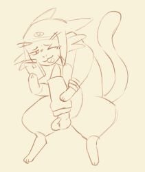 anthro balls betelgeusian cellphone clothing electronics felid feline genitals hat headgear headwear male mammal masturbation meow_(space_dandy) one_eye_closed pandogbutt penis phone solo space_dandy tagme thick_thighs wide_hips