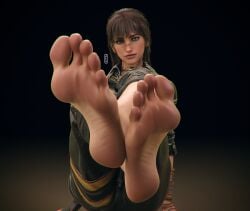 bangs barefoot brown_hair clair_obscur:_expedition_33 clothing denim fcat feet female female female_only fetish foot_fetish foot_focus footwear freckles green_eyes high_resolution jeans large_filesize legs legs_up long_hair looking_at_viewer pants plaid plaid_shirt sciel_(clair_obscur_expedition_33) shirt shoes sitting smile soles solo toes