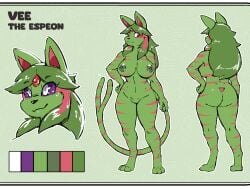anthro breasts cindersticks eeveelution espeon female forked_tail front_view fur gem generation_2_pokemon genitals green_body green_fur green_tail mammal markings model_sheet nintendo nipples pokemon pokemon_(species) purple_sclera pussy solo striped_markings striped_tail stripes tail tail_markings unusual_anatomy unusual_tail vee_(beagle) white_eyes
