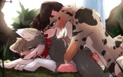 16:10 absurd_res anal anal_sex anthro balls bite blush bodily_fluids canid canine canine_penis canis collar domestic_dog fluffy genitals grass hi_res jaeger_(jaegertheaussie) knot male male/male mammal outside paws penetration penis plant ryuu_(ryuu126) sex snowstormbat sweat widescreen wolf