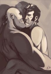 age_difference arm_hair embracing gay gay_sex heavy_breathing heavy_weapons_guy hugging jennieplanet leg_hair monochrome muscular nude older_penetrating_younger sniper_(team_fortress_2) sweat team_fortress_2 tender yaoi