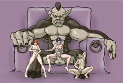 1boy 3girls 4_fingers armpits ass big_breasts big_penis blue_hair brown_fur brown_hair erect_nipples female fingering foursome gothic gothic_(game) human male masturbation mohawk muscular_male nude_female orgy red_hair sitting_on_lap thora throne troll vagina velaya yellow_eyes